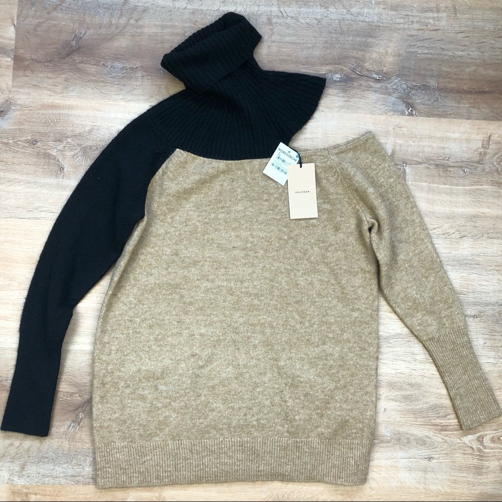 Halogen Sweater Turtleneck Exposed Shoulder Tan Black Size XS NEW